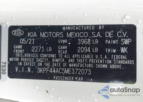 2021 Kia Forte Gt z USA, uszkodzony, nr VIN 3KPF44AC5ME372073